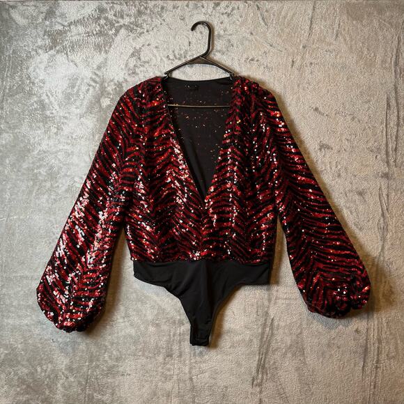 NBD Rochelle Size Medium Bodysuit in Red & Black‎ Long Sleeve - Picture 2 of 7